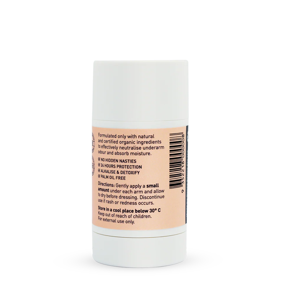 Deodorant stick with a white cap and beige label on a white background