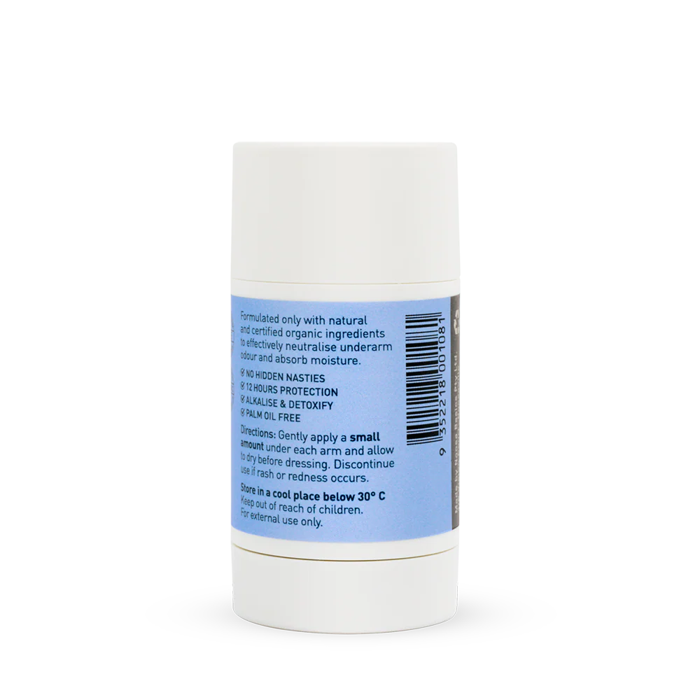 White cylindrical container with a blue label on a white background