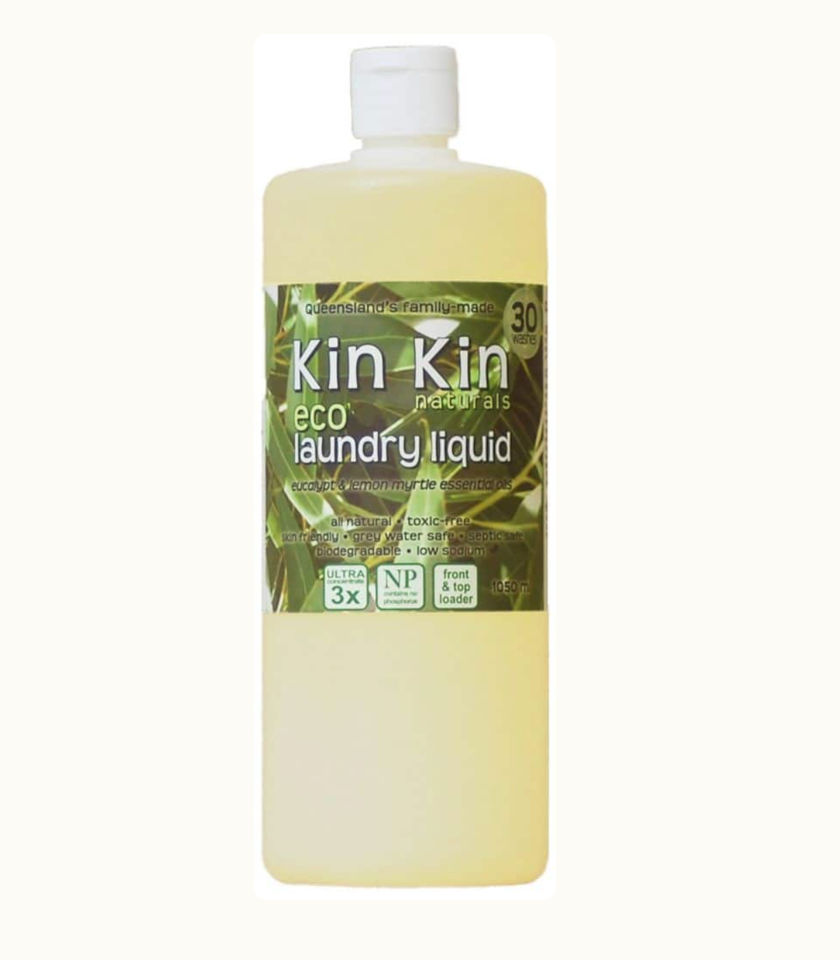 Bottle of Kin Kin eco laundry liquid on a white background