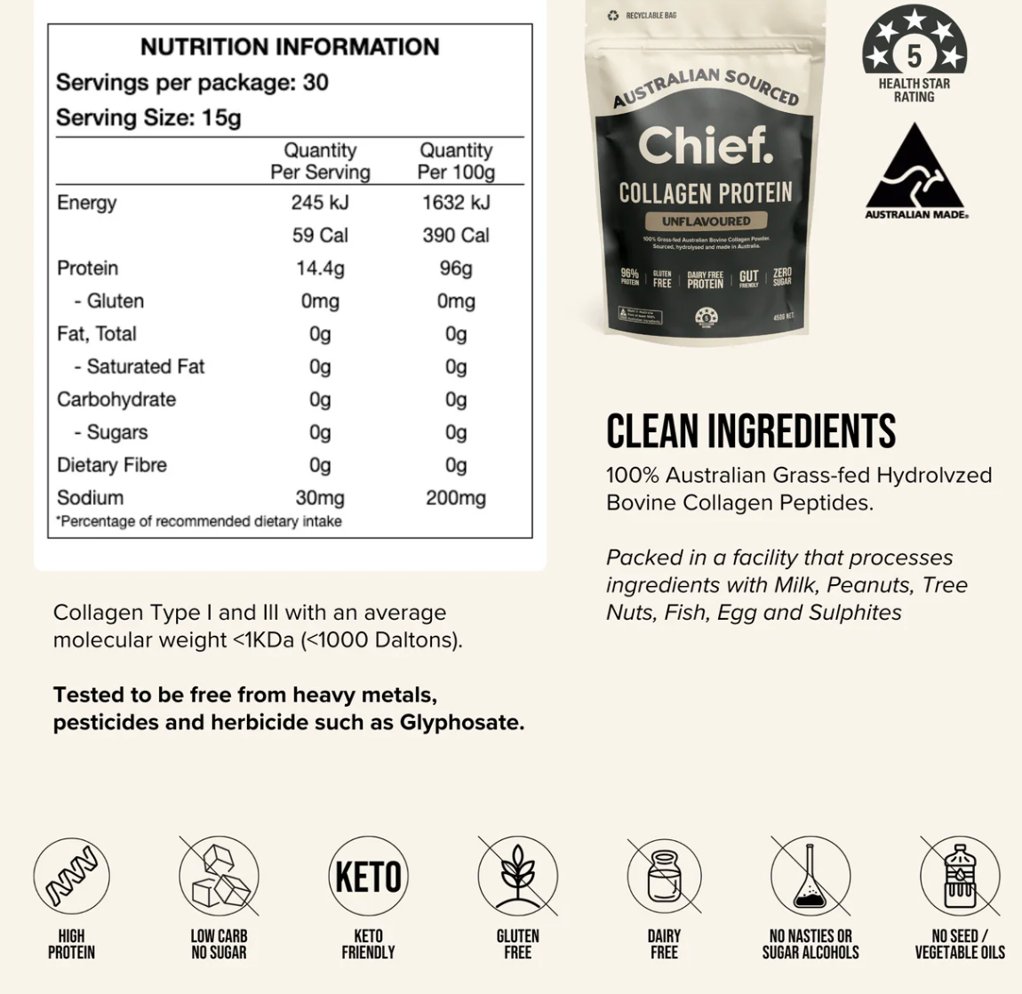 Grass-fed Collagen Protein Powder - Unflavoured (30 serves)