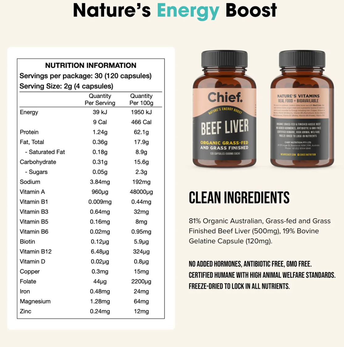 Organic Beef Liver Energy Boost (120 Capsules)
