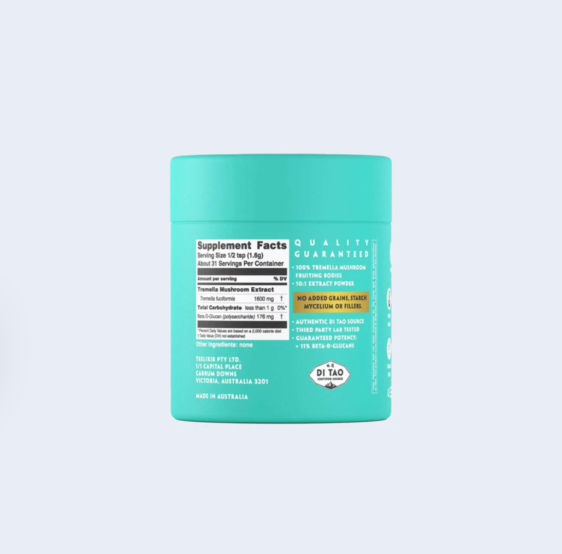 Teal supplement container with nutritional information on a light gray background