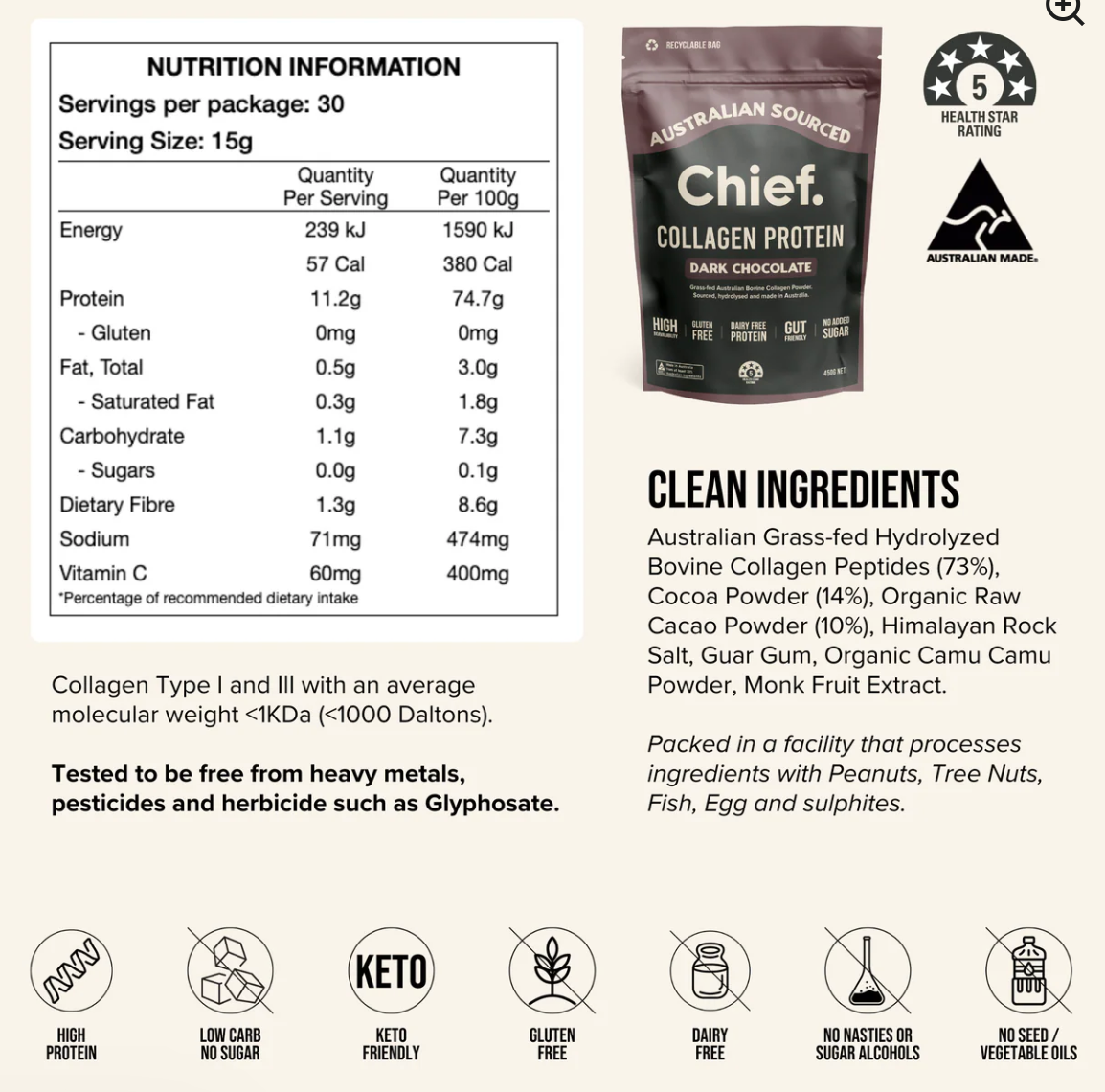 Grass-fed Collagen Protein Powder - Dark Chocolate (30 serves)