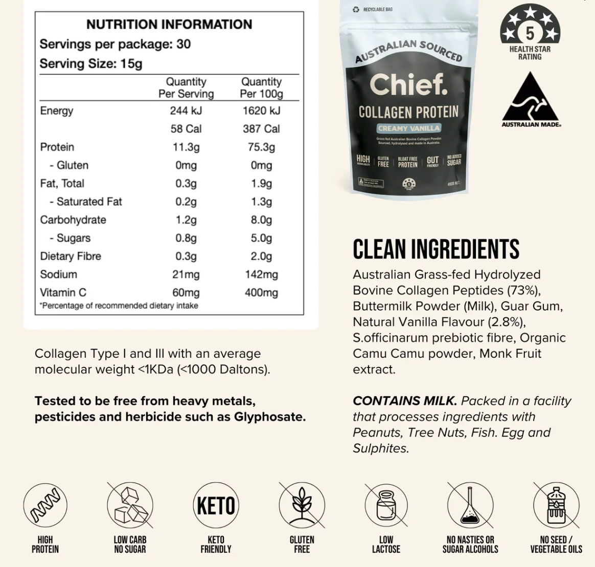 Grass-fed Collagen Protein Powder - Creamy Vanilla (30 serves)