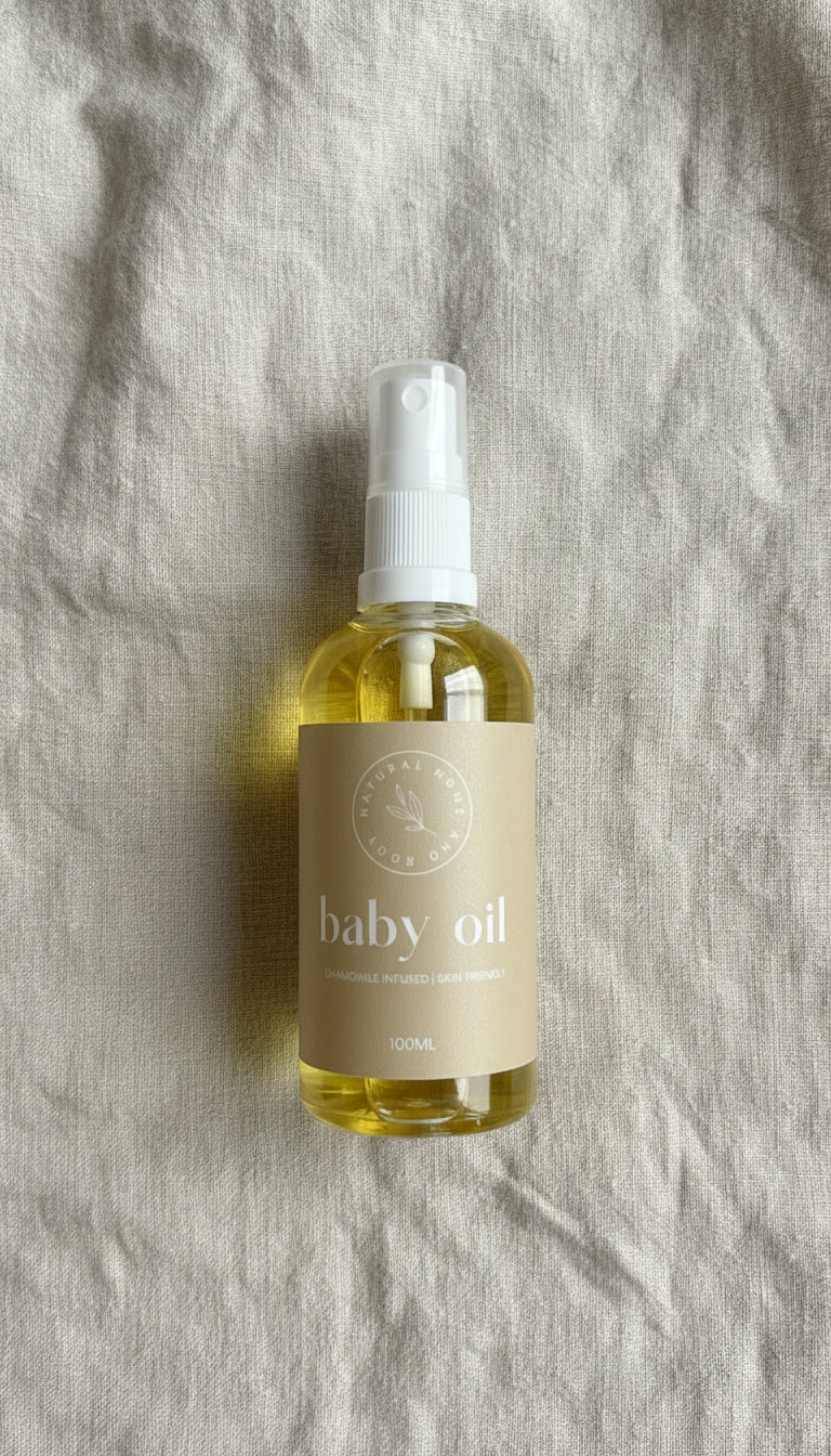 Bottle of baby oil on linen background