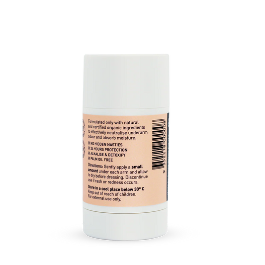 Deodorant stick with a white cap and beige label on a white background
