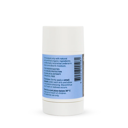 White cylindrical container with a blue label on a white background
