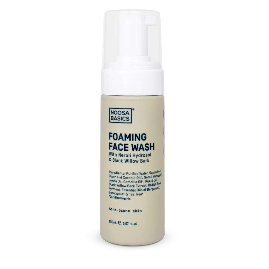 Noosa Basics foaming face wash bottle on a white background
