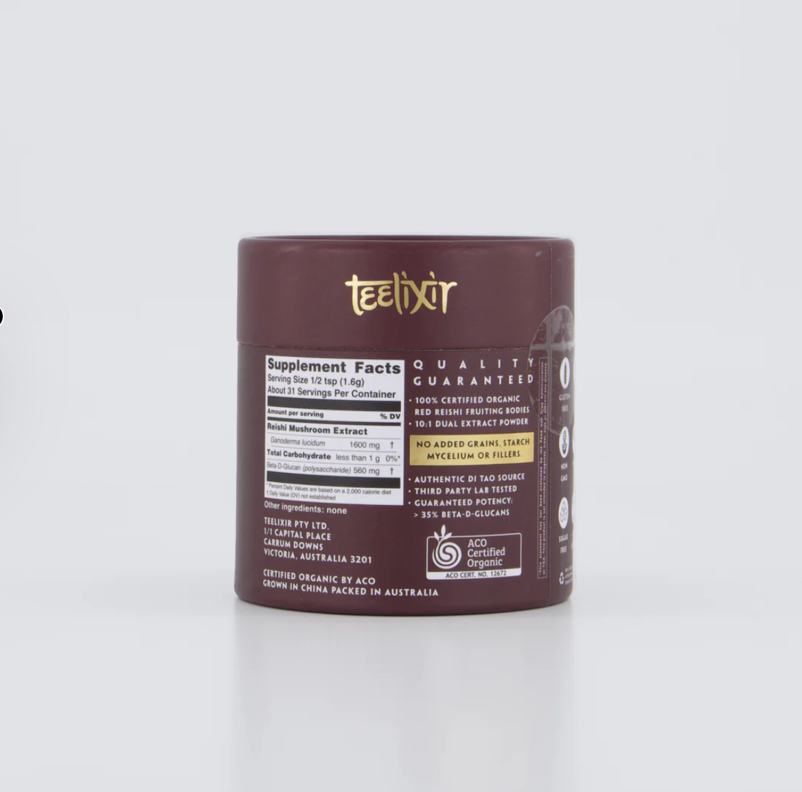 Teelixir supplement container with label on a white background