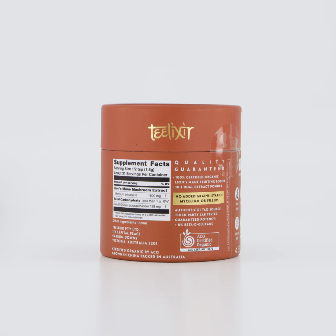 Teelixir supplement container with label on a white background