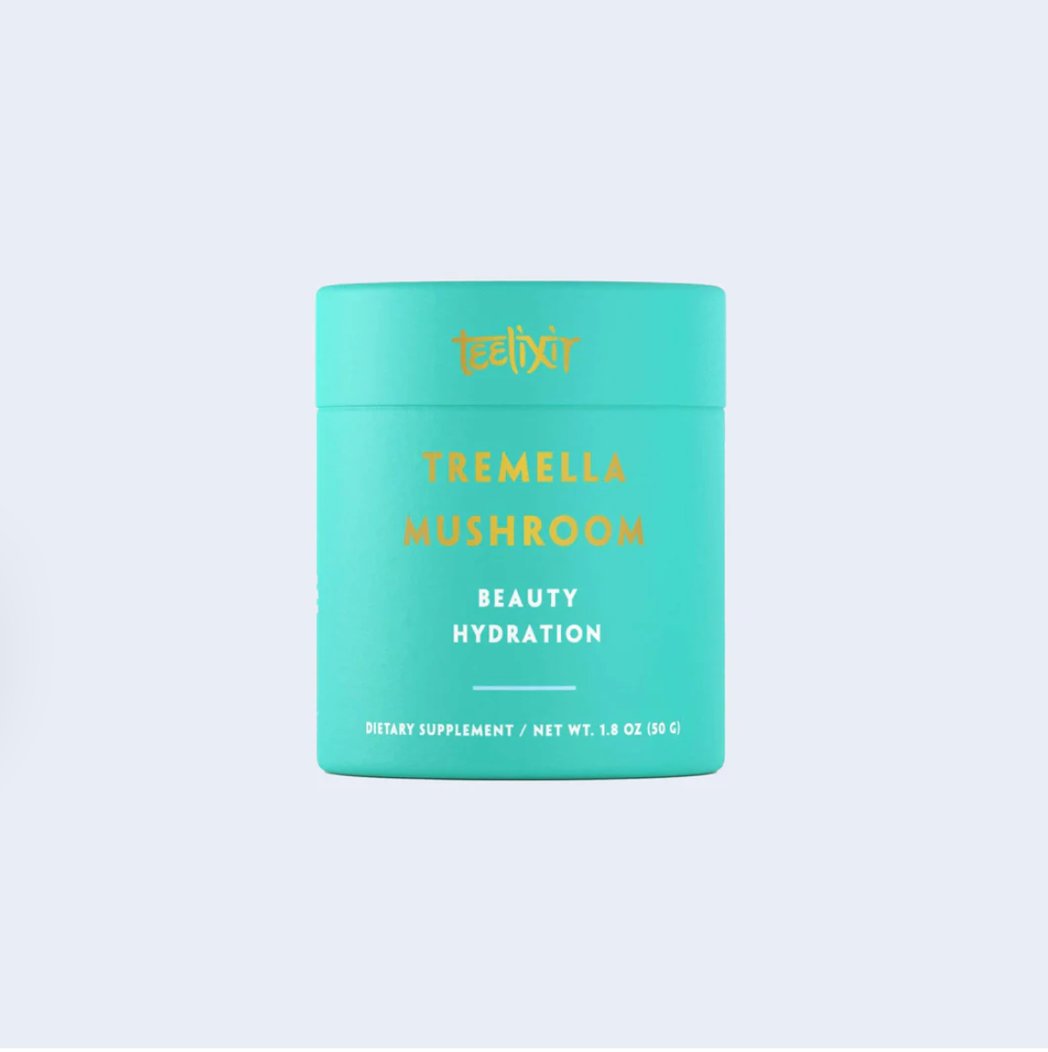 Teal container of Tremella Mushroom supplement with gold text on a light purple background
