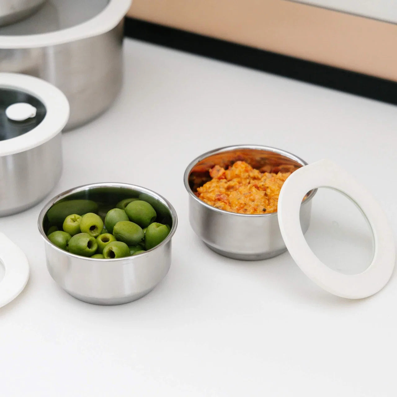 Round Stainless Steel and Glass Dip Bowls Set of 2 - Oat Milk
