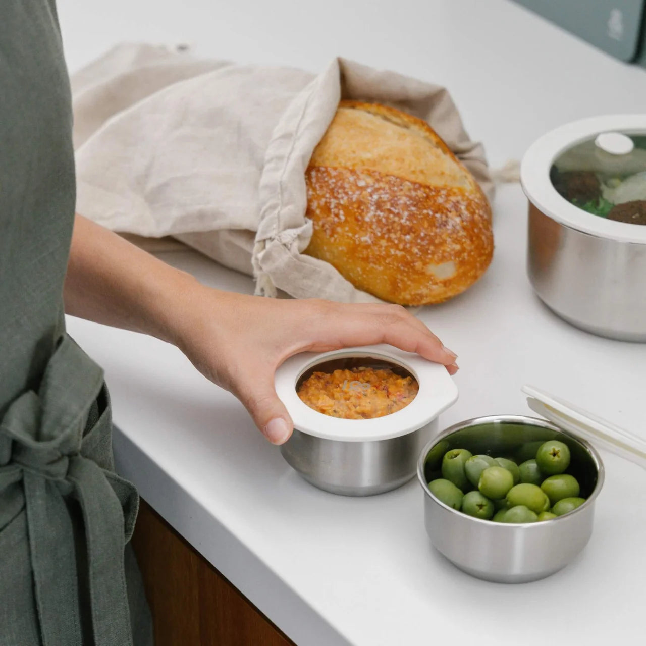 Round Stainless Steel and Glass Dip Bowls Set of 2 - Oat Milk