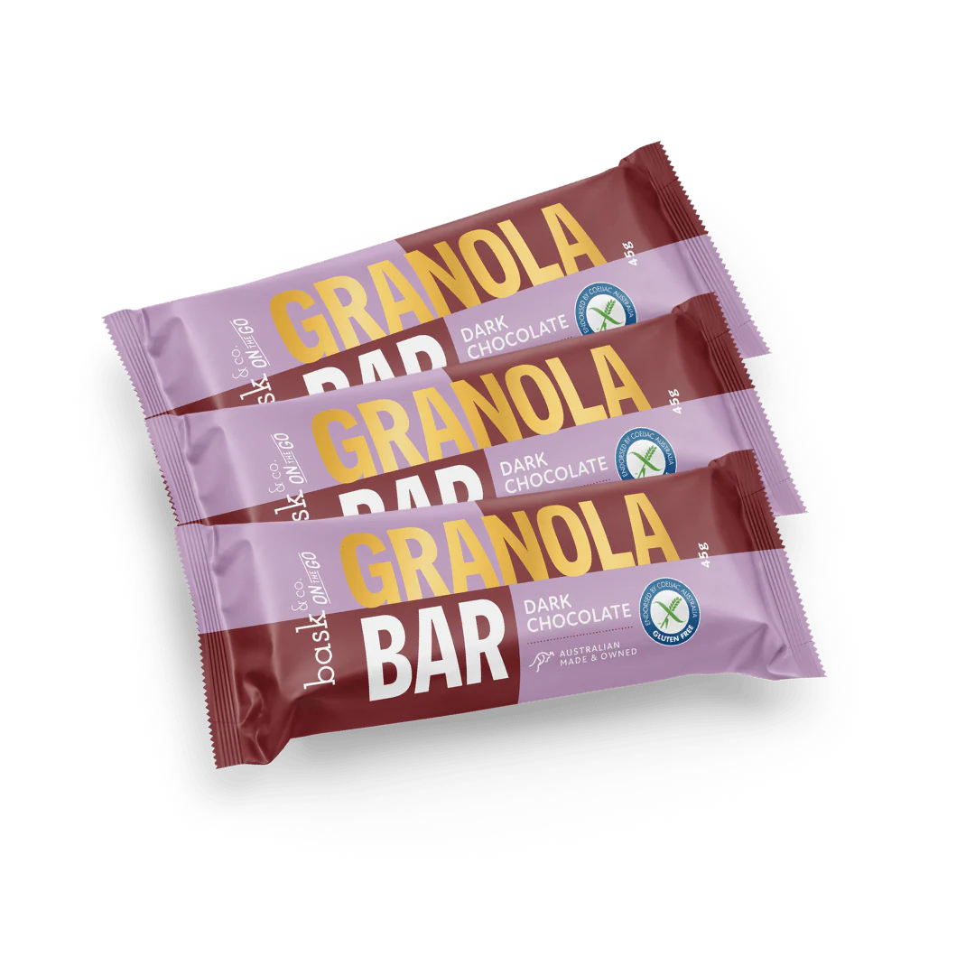 Three packages of Baskin-Robbins Dark Chocolate Granola Bars on a white background