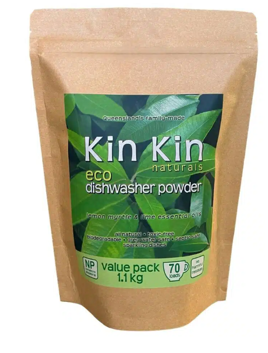 Kin Kin eco dishwasher powder packaging with green label and brown bag on a white background